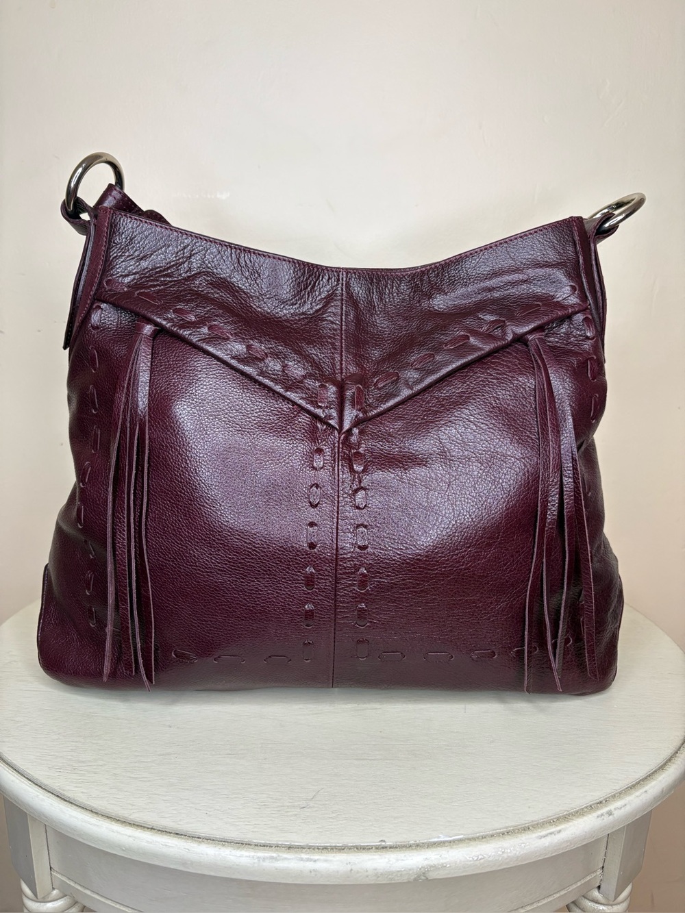 NWT Belen Echandia Enchant Me Midi Wine Pebbled Luce Leather Hobo Bag Full Set
